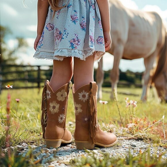 Girls Brown Cowgirl Boots With Tassel Floral Embroidered Kids Western Boots - Picture 5 of 7